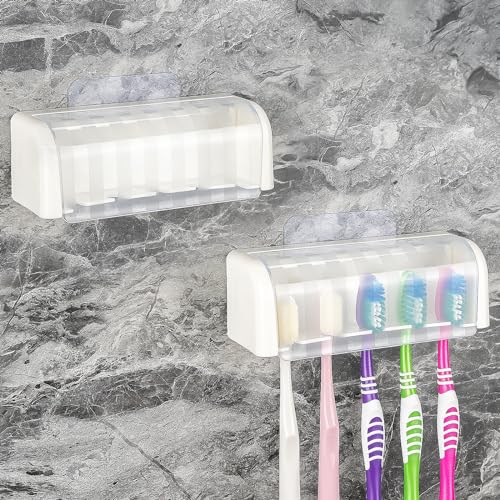 2 Pack 5 Slots Wall Mount Toothbrush Holder with Cover, Self Adhesive Toothbrush Storage Organizer for Shower, Toothbrush Hanger for Bathroom, Medicine Cabinet, Dorm - color: White 2 Pack