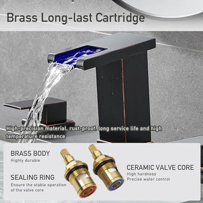 LED Bathroom Faucet 3 Hole, Oil Rubbed Bronze Waterfall Bathroom Faucets, 8 Inch Widespread Modern Bathroom Sink Faucet & Parts, Wide Spread Touch On Three Hole 2 Handle Bathroom Vanity Faucet - color: Oil Rubbed Bronze