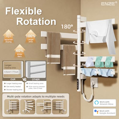 Smart Rotating Heated Towel Rack, 5-Bar Wall-Mounted, White | Electric Towel Warmer for Bathroom, Swivel Bars, Wi-Fi App Control, 1-24H Timer, 115-155°F, 120W, IPX5, Plug-In or Hardwired - color: White 17.72"x26.77"
