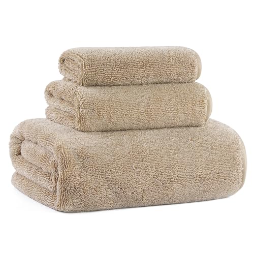 MICROFI Ring Spun Terry Microfiber Bath Towel Set, 3 Piece, Oversize, Quick Dry, Lint Free, Includes Bath, face, and Hand Towels (Beige) - color: Beige
