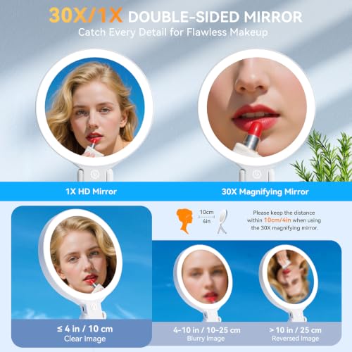 Auxmir 30X/1X Magnifying Travel Makeup Mirror with Lights, 3-Color Dimmable | 56 LEDs, 3 color modes, stepless dimming, dual-side touch control, 2000mAh rechargeable, 3-in-1 tabletop, handheld or hanging