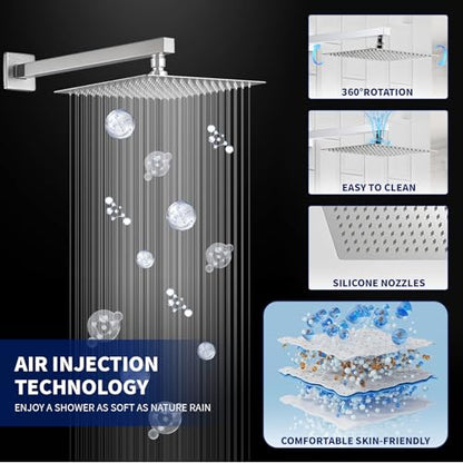 BWE 12 Inch Brushed Nickel 2-Faction Wall Mounted Bathroom Shower System | Brass and Stainless Steel,Rainfall Shower Head,Handheld Shower Head,Pressure Balance Valve,Escutcheon Plate,Hotel,Bath Center - color: Brushed Nickel, size: 12 Inch