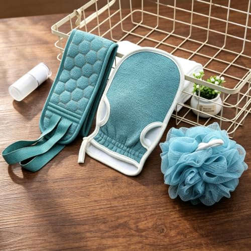 3Pcs Bath Set Back Scrub Mitt Bath Ball Long Strip Home Use,Navy Blue | Exfoliating Washcloth Towel with Handle,Body Scrubber Exfoliator,Bath Sponge for Unisex Exfoliate Body Scrub,33.5In