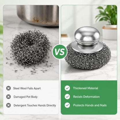 3Pcs Steel Wool Scrubber with Handle, Stainless Scrubber Steel Wool Cleaning Tools for Cleaning Tableware, Kitchen Pots, Pans and Sinks