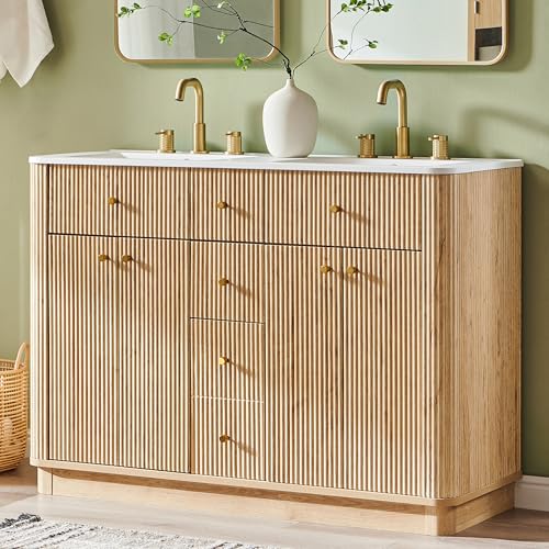 T4TREAM 48" Fluted Bathroom Vanity with Double Sink, Natural Oak | Integrated Resin Sink, 2 Large Storage Cabinets, Adjustable Shelf, 2 Drawers, Three pre-drilled faucet holes, Mid-Century - color: Natural Oak, size: 48" (Bouble Sink)