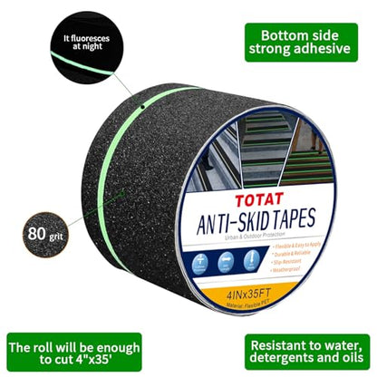Glow in Dark Anti Slip Tape,4" x35FT Heavy Duty Waterproof Safety Grip Tape for Stairs, Pool, Bathroom - Black & Glow Stripe Indoor/Outdoor Multi-Purpose Traction Tape - size: 4IN x 35FT