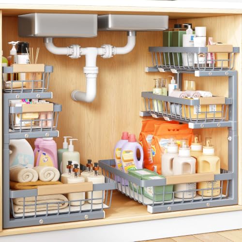 PXRACK Under Sink Organizer, 2-Pack 3-Tier Height Adjustable Thickened Metal Pull out Cabinet Organizer Shelf, Slide out Storage Drawer Rack for Bathroom Kitchen Pantry Home Organization, Grey - color: Grey, size: 2-Pack