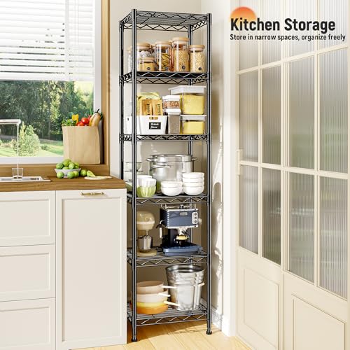 DurayLoly 63.8" H 6-Tier Narrow Storage Shelves, 265lbs, Adjustable, Pantry | Slim 15.8"Wx11.8"D, Leveling feet+anti-tip, Rustproof, 15-min tool-free assembly, For kitchen, bath, laundry, pantry, closet - size: 15.8"W x 11.8"D x 63.8"H
