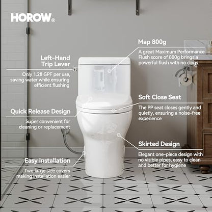 HOROW One-Piece Elongated Toilet, 1.28 GPF High Efficiency, Easy Cleaning Design, Left-Hand Flush Lever, Soft-Close Seat, Compact Modern Bathroom Toilet, 12'' Rough-In, White Ceramic Bowl - color: White with Single Flush, size: 12" rough in
