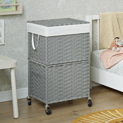 Chrislley Wicker Laundry Basket with Wheels,Rolling Laundry Hamper with Lid | 90L Slim Clothes Hamper with Wheels & Removable Liner Bag, Handwoven Rattan Laundry Organizer for Bedroom, Bathroom, Grey - color: Grey