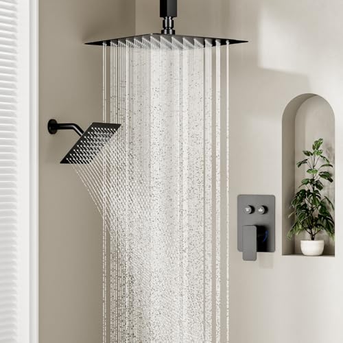 Rainfall Shower System, STARBATH 10" Ceiling Mount Rain Showerhead and 6" Wall Mounted Rainfall Shower for Couples, On Off Button Valve Dual Head Shower Systems Complete, Matte Black - color: Matte Black, size: 10+6 inch-14