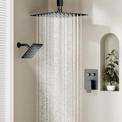 Rainfall Shower System, STARBATH 10" Ceiling Mount Rain Showerhead and 6" Wall Mounted Rainfall Shower for Couples, On Off Button Valve Dual Head Shower Systems Complete, Matte Black - color: Matte Black, size: 10+6 inch-14