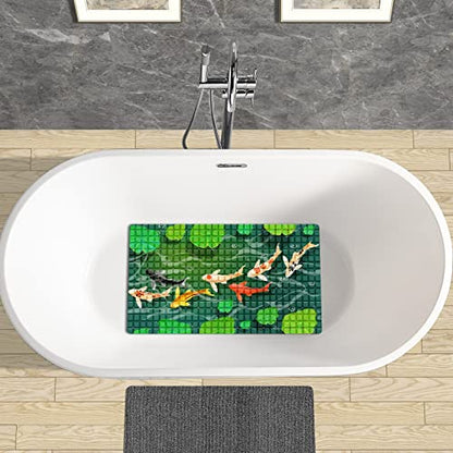 FCZ Bath Tub Mat Non Slip Shower Mat Japanese Carps Koi Fish Swim Lotus Pond 26.8x15 inches Rectangular PVC Mat with Suction Cups Drain Holes Machine Washable - color: Japanese Carps Koi Fish Swim Lotus Pond