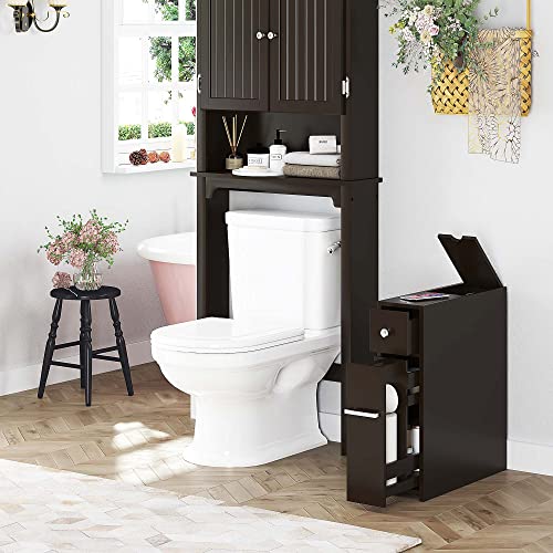 Spirich Small Bathroom Storage Cabinet with Toilet Paper Holder, Espresso | Slide-Out Drawers, Hidden Top Compartment, Toilet Paper Storage, Slim Freestanding Design for Bathrooms and Narrow Spaces - color: Espresso