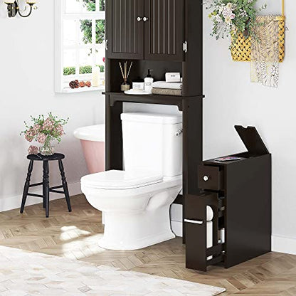 Spirich Small Bathroom Storage Cabinet with Toilet Paper Holder, Espresso | Slide-Out Drawers, Hidden Top Compartment, Toilet Paper Storage, Slim Freestanding Design for Bathrooms and Narrow Spaces - color: Espresso