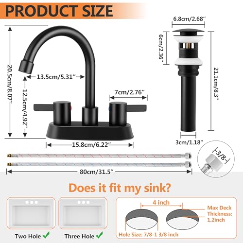 Herogo 2-Handle Centerset Bathroom Faucet Matte Black, Stainless Steel Vanity Sink Faucet 2-3 Hole with Drain Assembly, 360 Swivel Spout and Supply Hose for Farmhouse RV - color: Matte Black, style: Square Handles