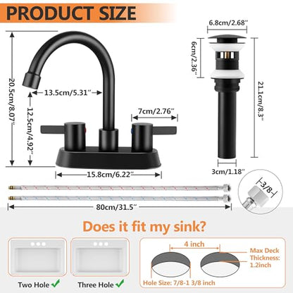 Herogo 2-Handle Centerset Bathroom Faucet Matte Black, Stainless Steel Vanity Sink Faucet 2-3 Hole with Drain Assembly, 360 Swivel Spout and Supply Hose for Farmhouse RV - color: Matte Black, style: Square Handles