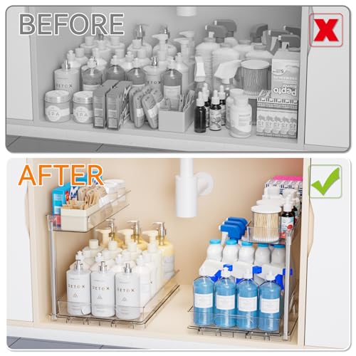 2 Pack 14.6″ Deep Pull Out Under Sink Organizer,12.8″ High 2 Tier Slide Out Cabinet Organizer for Kitchen Cabinet,Undersink Organizers,Under Sink Shelves,Bathroom Organizers and Storage,Clear - size: 12.8 In High