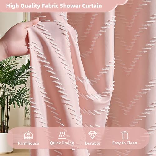 Siiluminisoy Pink Shower Curtain with Tassel Woven Fabric Boho Shower Curtain Cute Farmhouse Textured Tufted Chevron Striped 72 x 72 Bathroom Shower Curtain - color: A Pink, size: 72"W x 72"L (Pack of 1)