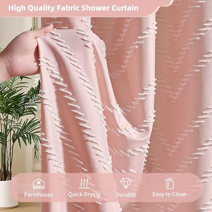 Siiluminisoy Pink Shower Curtain with Tassel Woven Fabric Boho Shower Curtain Cute Farmhouse Textured Tufted Chevron Striped 72 x 72 Bathroom Shower Curtain - color: A Pink, size: 72"W x 72"L (Pack of 1)
