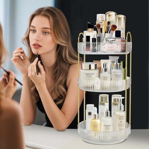 Rotating Makeup Organizer for Vanity, 9" D x 19" H, 3-Tier (White) | 360° Spinning, High-Capacity, Clear Trays, Gold Frame, for Vanity Countertop, Bathroom, Skincare, Perfume - color: New-white
