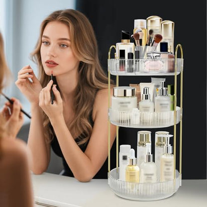 Rotating Makeup Organizer for Vanity, 9" D x 19" H, 3-Tier (White) | 360° Spinning, High-Capacity, Clear Trays, Gold Frame, for Vanity Countertop, Bathroom, Skincare, Perfume - color: New-white