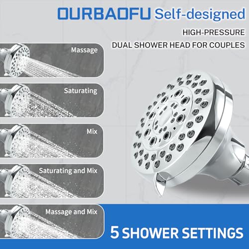 OURBAOFU Tandem Shower Heads, Double Shower Head for Couples, Dual Shower Head System for Two People, High Pressure and Adjustable Double Shower Heads (Silver) | Double Shower Head High Water Pressure,Adjustable 360° Rotation,48–78 In for bathrooms,Stainl