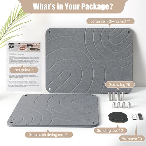 CZWL&HG 2 PCs Stone Dish Drying Mats for Kitchen Counter-Diatomaceous Dish Drying Mats Superb Absorbent with Non-Slip Stainless Steel Feet,Heat Resistant,15.7"(L)×11.8"(W)