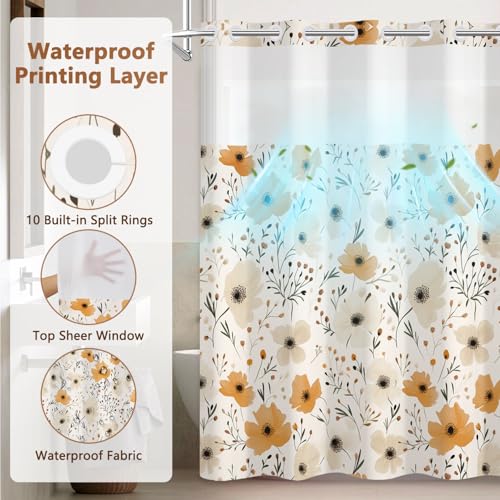 No Hook Shower Curtain with Snap in Liner, Double Layers Waterproof Bathroom Shower Curtain Sets with See Through Window and Weighted Hem, Floral Bath Curtain for Bathroom and Hotel, 71" W x 74" L - color: Beige Flowers