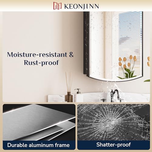 Keonjinn Black Medicine Cabinet with Mirror 24” x 30”, Metal Framed Wall Cabinet with Beveled Mirror, Surface Mount or Recessed Medicine Cabinet for Bathroom, Bathroom Mirror with Storage | Metal Framed Wall Cabinet with Beveled Mirror, Wall-Mounted or Re