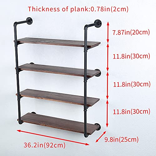 Industrial Pipe Shelves With Wood Planks,Rustic Pipe Shelving Wall Shelf | Metal Pipe Solid Pine Wood,Easy to Assemble,Wooden Board Thickness 0.78 In,For Bar Farmhouse Kitchen Office Bathroom,Bedroom - color: 4-layer, size: 36in