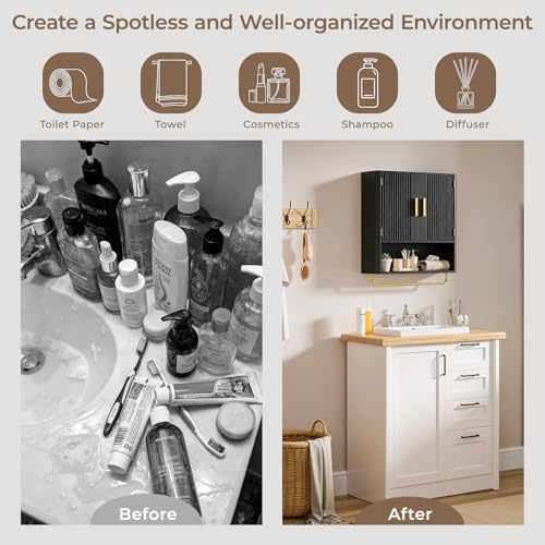 Bathroom Wall Cabinet, Medicine Cabinet with Fluted Door & Adjustable Shelf | Over The Toilet Storage Cabinet with Towel Bar, Space-Saving Cabinet Wall Mount for Laundry Room, Kitchen, Living Room - color: Black
