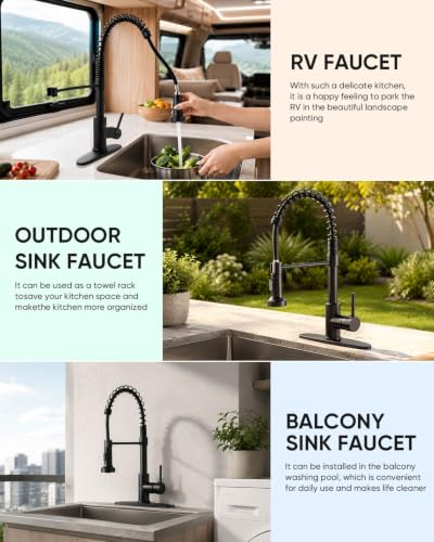 Kitchen Faucet with Pull Down Sprayer Matte Black | 1 Handle Spring Sink Faucets, Lead-Free NSF Certified Stainless Steel,1 or 3-Hole Deck Plate,Farmhouse, RV, Bar, Laundry Room - color: B - Black