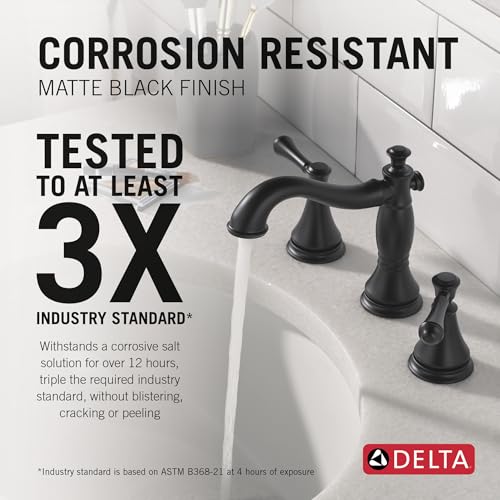 Delta Cassidy Matte Black Bathroom Faucet 3 Hole, 8 Inch Widespread Bathroom Sink Faucet for Vanity, Metal Push-Pop Drain Assembly, Matte Black 3597LF-BLMPU - color: Matte Black