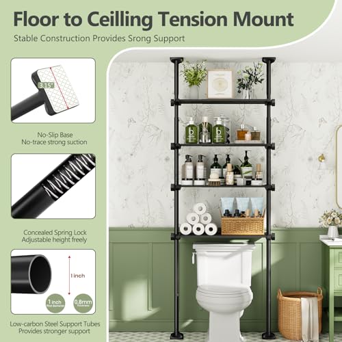 Bonpally Over The Toilet Storage Shelf, 4-Tier Adjustable Bathroom Organizer, No Drill Tension Mounted Shelves, Space-Saving Bathroom Cabinet Rack Above Toilet for Small Rooms, Black - color: Black