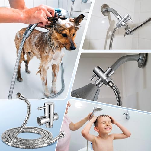 Dreyoo 3 Way Shower Head Splitter Kit, Brass G1/2 Diverter Valve with 79 Inch Stainless Steel Hose, Universal Shower Diverter for Dual Heads, Includes PTFE Tape - size: 79 in