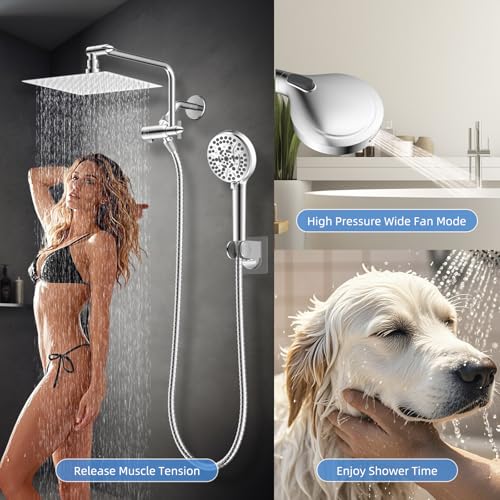 8" Metal Rainfall Shower Head with 10-Mode Handheld, Chrome | NSF/ANSI/CAN 372 Certified, High Pressure Showerhead Combo with 11" Adjustable Shower Arm, 71" Hose, Shower Head Holder - color: Chrome, style: Square 8"