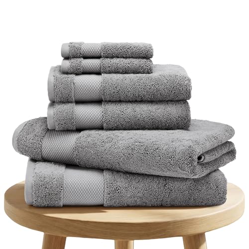 BIOWEAVES 100% Organic Cotton 700 GSM Plush 6-Piece Towel Set GOTS Certified, 2 Bath Towels, 2 Hand Towels & 2 Washcloths - Light Grey - color: Light Grey, size: 6 Pc Towel Set