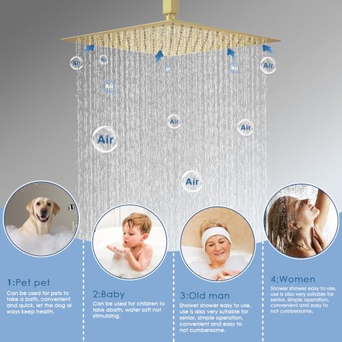 Shower System Dual Shower Heads with 12" Ceiling Mounted Rain Shower Head & 6" Wall Mounted Head Full Body Luxury Rain Shower System 3 Way Pressure Balance Valve Kit, Brushed Gold - color: Brushed Gold, style: 12inch+6inch