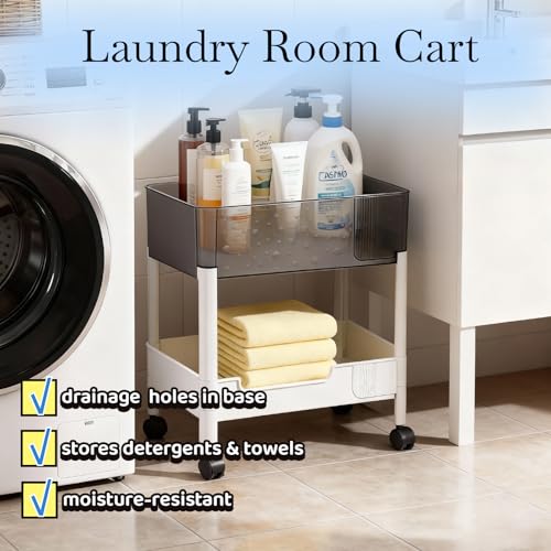 2 Tier Rolling Cart with Wheels for Under Desk Storage, Heavy Duty Plastic Short Small Utility Cart for Small Space Bathroom Vanity Makeup Organizer Pantry, 4.7'' Deep Baskets for Tall Bottles - size: 2-tier