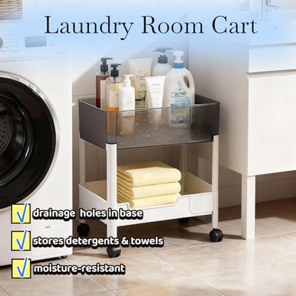 2 Tier Rolling Cart with Wheels for Under Desk Storage, Heavy Duty Plastic Short Small Utility Cart for Small Space Bathroom Vanity Makeup Organizer Pantry, 4.7'' Deep Baskets for Tall Bottles - size: 2-tier