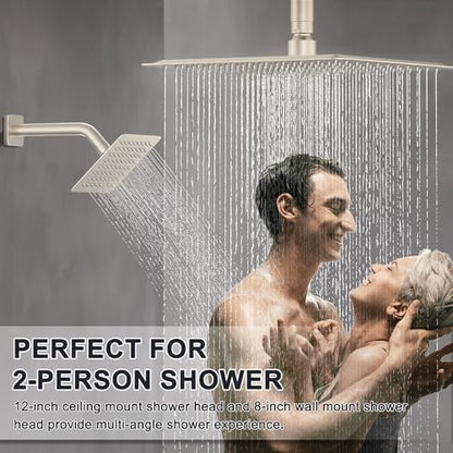 Iriber Thermostatic Shower System with Adjustable Water Flow Push Button Diverter, Square Dual Shower Heads Faucet Set with Handheld Spray, Brushed Nickel Shower Mixer Valve Trim Kit (Valve Included) - color: Brushed Nickel 05