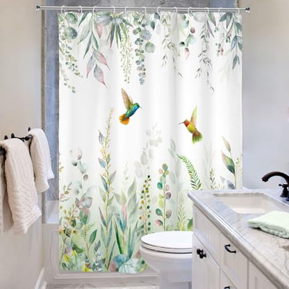 Sage Green Eucalyptus Spring Hummingbird Plants Bathroom Shower Curtain Set | 54"W x 78"H Botanical Leaves; waterproof HD print, quick-dry fabric with 12 free hooks for easy hanging. - color: A-sage Green, size: 54"W x 78"L (Pack of 1)