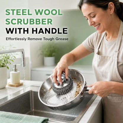 3Pcs Steel Wool Scrubber with Handle, Stainless Scrubber Steel Wool Cleaning Tools for Cleaning Tableware, Kitchen Pots, Pans and Sinks