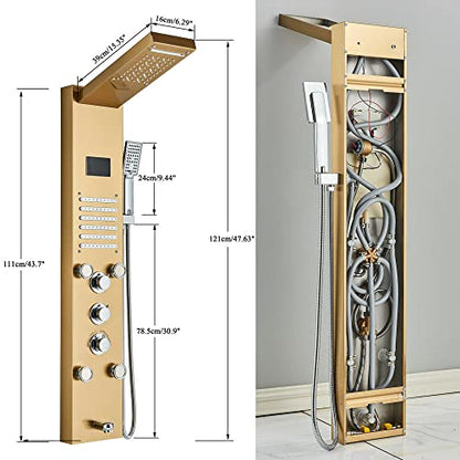 LED Rainproof and Waterfall Shower Panel Tower rain Massage System Body Jet Gold