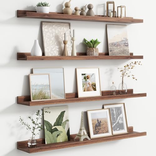 Floating Picture Ledge Shelves for Wall Set of 4, 36 Inch Wall Shelves with Lip Long Large Nursery Book Shelf for Toys Storage Kids Bookshelf Wall Mounted Living Room Bedroom Decor Frames - color: Walnut, size: 36'', Set of 4