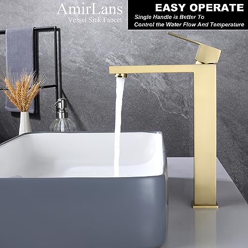 Brushed Gold Vessel Sink Faucet, Tall Bathroom Sink Faucet | Stainless Steel Single Hole Gold Bathroom Faucet, Single Handle Tall Vanity Faucet with Pop Up Drain - color: Brushed Gold, size: Tall