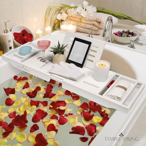 Bamboo Bathtub Tray Caddy for Tub — Expandable Wood Bath Tray with Solid Book Stand Wine Holder and Non-Slip Pads — Includes Bamboo Soap Dish and Spa Accessories — Luxury Bath Gift Set - color: White