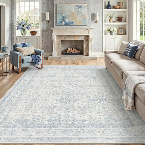 8x10 Light Blue Vintage Floral Washable Area Rug for Living Room | Low Pile, Non Slip, Retro Style, Soft Distressed Large Area Rug for Living Room, Bedroom, Dining Room, Office, Home Decor - color: Retro | Light Blue, size: 8' x 10' (Rectangular)