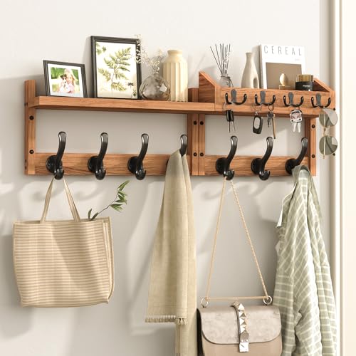 Evermagin 29" Coat Rack Wall Mount with Shelf & 11 Hooks, Entryway, Brown | Wooden Wall Mounted Coat and Key Rack with Hooks, Key Hanger with Mail Holder for Living Room, Mudroom, Bedroom - color: Brown, size: 29 inch